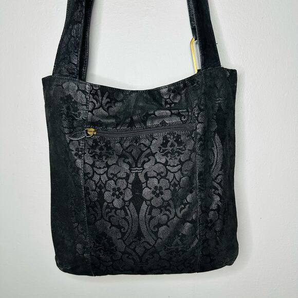 Genuine Leather Gold Zip Black Floral Design Crossbody Strap Bag - Picture 3 of 13
